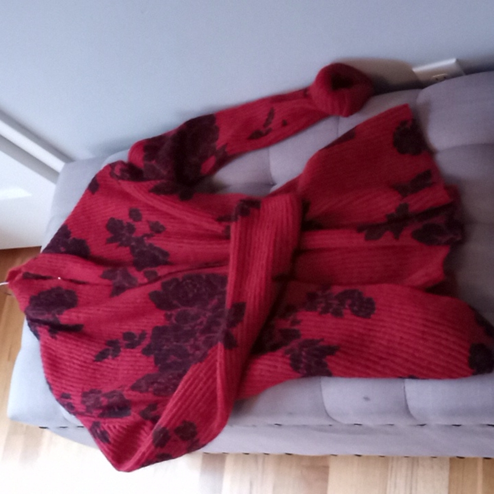 Lucky Brand Red Black Floral Mohair Blend Cardigan